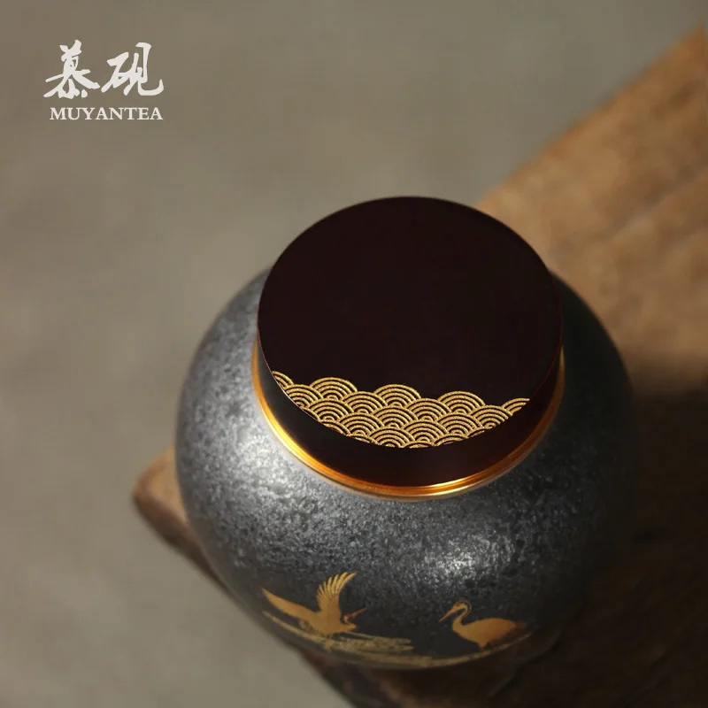 Mutao Ceramic Hand-Painted Golden Crane Kiln-Fired Temmoku Container, Creative Alloy Sealed Canister, Kung Fu Tea Set