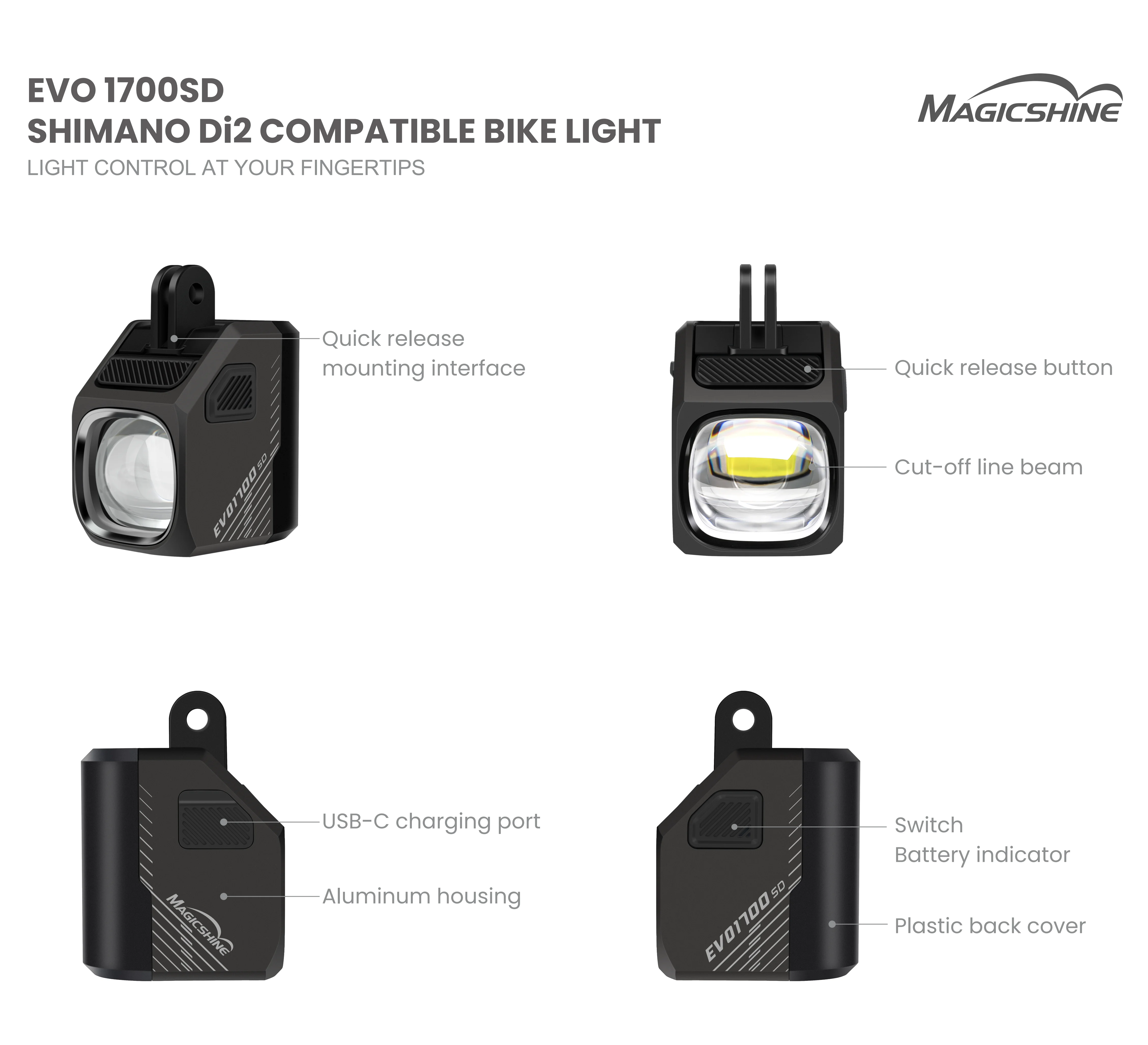 Magicshine Bike Light EVO 1700SD,Bicycle Headlight With Cut-off low beam,Compatible with SHIMANO Di2 system