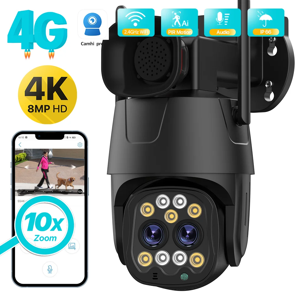 Telecamera IP Wifi/4G Sim Card PTZ 4MP 8MP Dual Lens 2.8mm-8mm 10X Zoom Outdoor AI Human Tracking telecamera di sicurezza per visione notturna a