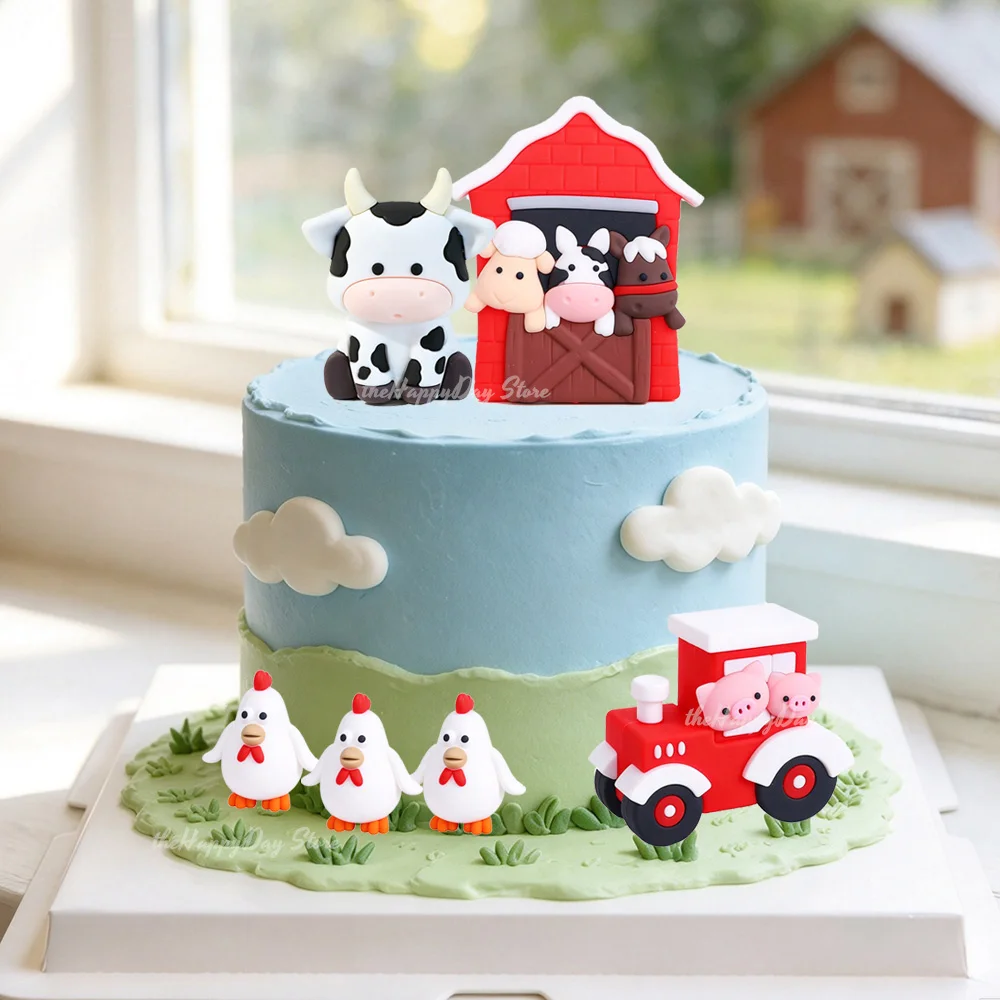 6Pcs Farm Animal Cake Decorations Cow Chicken Farm Car Cake Topper for Farm Birthday Boys Girls Baby Shower Party Cake Decor