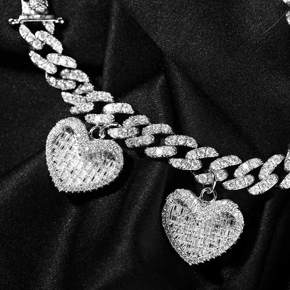 Uwin Heart Photo Pendant Bracelet With 9mm Cuban Chain 4 Small Hearts Miami Link Luxury Micro Paved CZ Chain