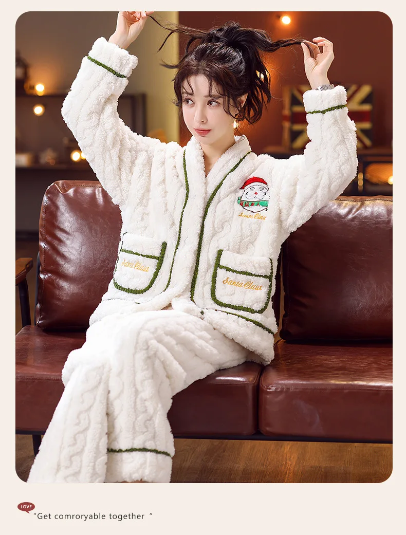 Christmas Pyjamas Sets Women Winter Thicken Warm Coral Fleece Pijamas Long Sleeve V-Neck Sleepwear Female Loungewear Homewear