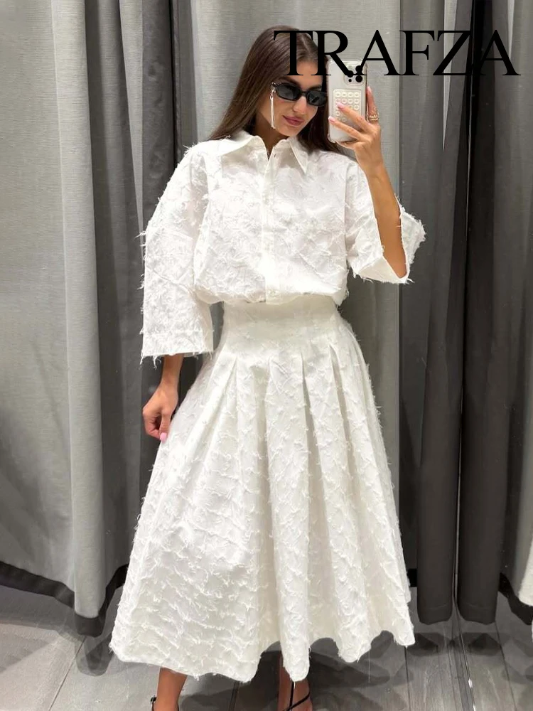 

TRAFZA Women Shirt Skirt Suit Lapel Single-Breasted Tassel Decoration Casual Shirt Top+Fashion High Waist Zipper Pleated Skirt