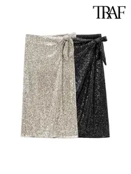 TRAF-Women's Sequined Wrap Midi Skirt, High Waist with Bow Tied, Female Skirts, Party, Fashion