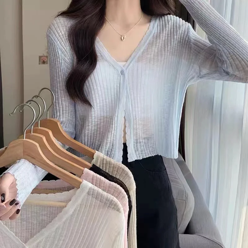 

Summer Loose Knitted Ice Silk Long Sve Open Cardigan Outerwear Thin Sun Protection Top Women's Air Conditioning irt