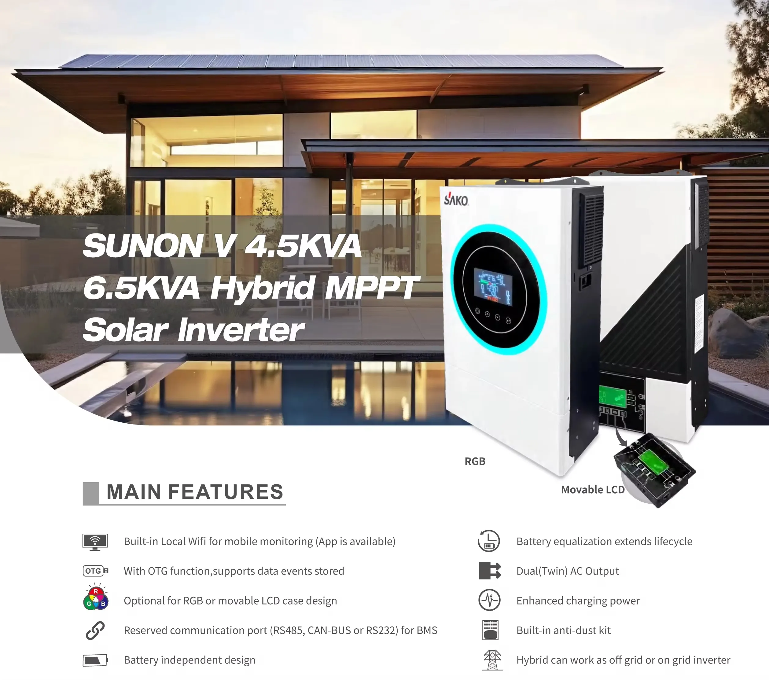 SAKO Sunon V 6,2KVA 6200W 48V Hybrid-Solarwechselrichter, 120A MPPT, 60-450V PV-Eingang, Batterielos, Doppelausgang, BMS, Reine Sinuswelle – Detail 1