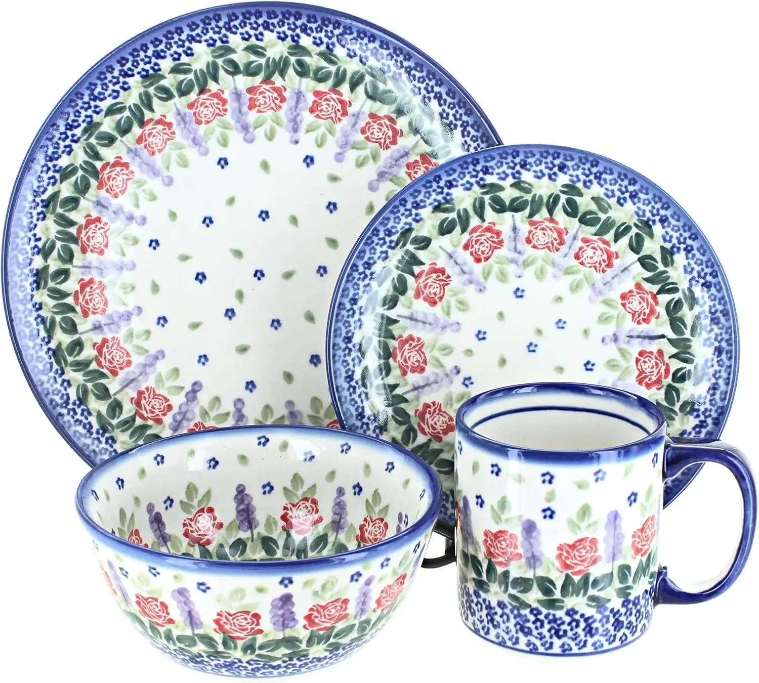 Blue Rose Polish Pottery Roses Are Red 16 Piece Dinnerware Set