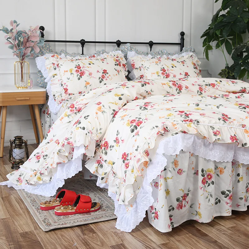 Lace Ruffle Design Bedding Rose Printed Bedding Set Bed Sheets and Pillowcases Ruffle Lace Beddings Bed Linens