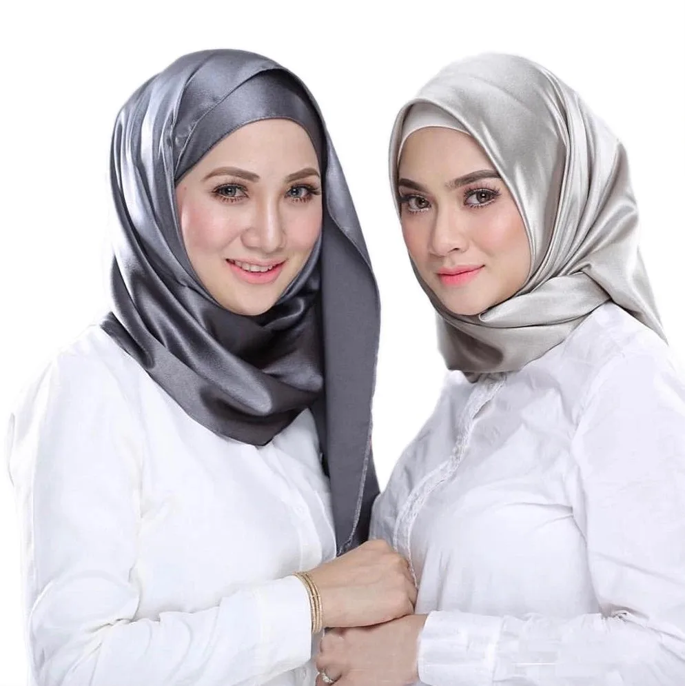 

90*90cm Luxury Women Muslim Hijab Square Silk Scarf Satin Headscarf Plain Woman Veil Solid Handkerchief Hair Turban Bandana 2024