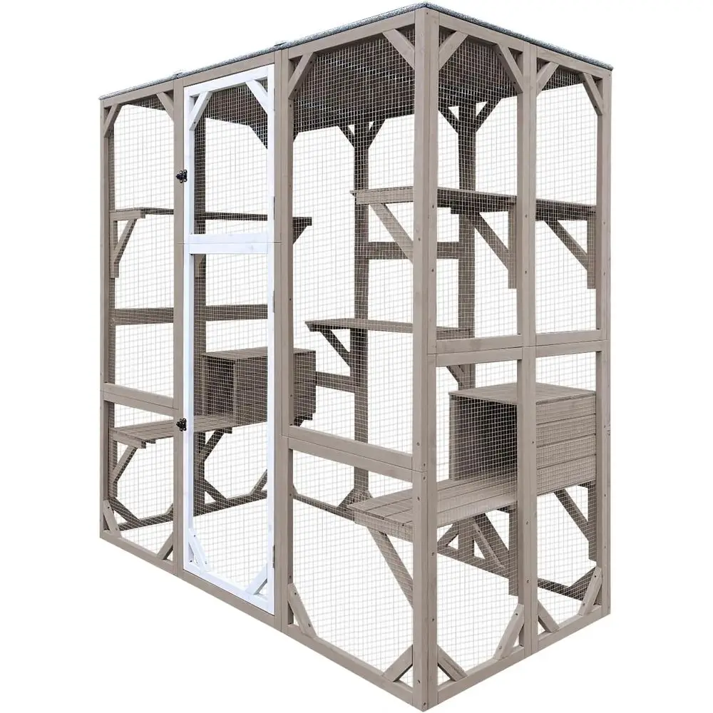

70.5 Outdoor Wooden 4-Tier Cat Enclosure with Window, Weatherproof Roof, 2 Resting Areas, 7 Platforms, 2 Doors
