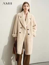 AMII Minimalist Camel Imitation Mink Fur Coat Suit Collar Double Breasted Raglan Sleeve Lady 2024 Winter Long Overcoat 12424024