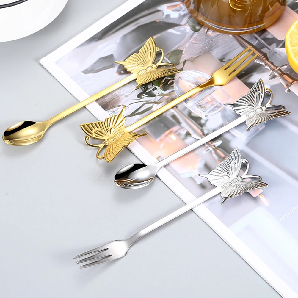 4 cucchiai creativi a forma di farfalla, cucchiai lunghi per mescolare il tè, mangia, agitatori per caffè, riutilizzabili, in acciaio inossidabile, per banchetti