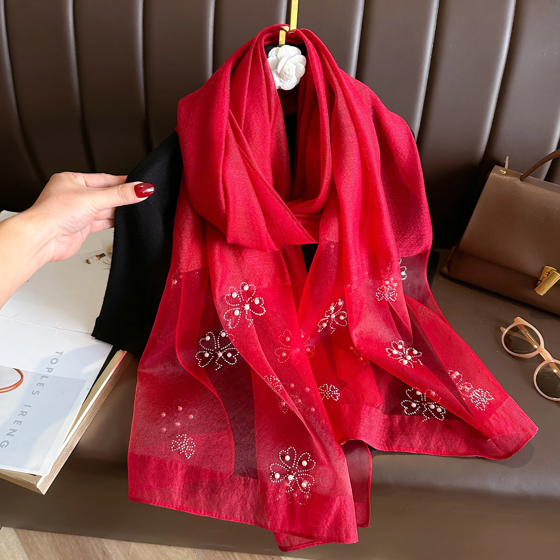 Perle Koreanische Blume Stickerei Schal Elegante Strass Dünne Seide Schal Rose Luxus Frauen Hijab Schals Dame – Detail 7