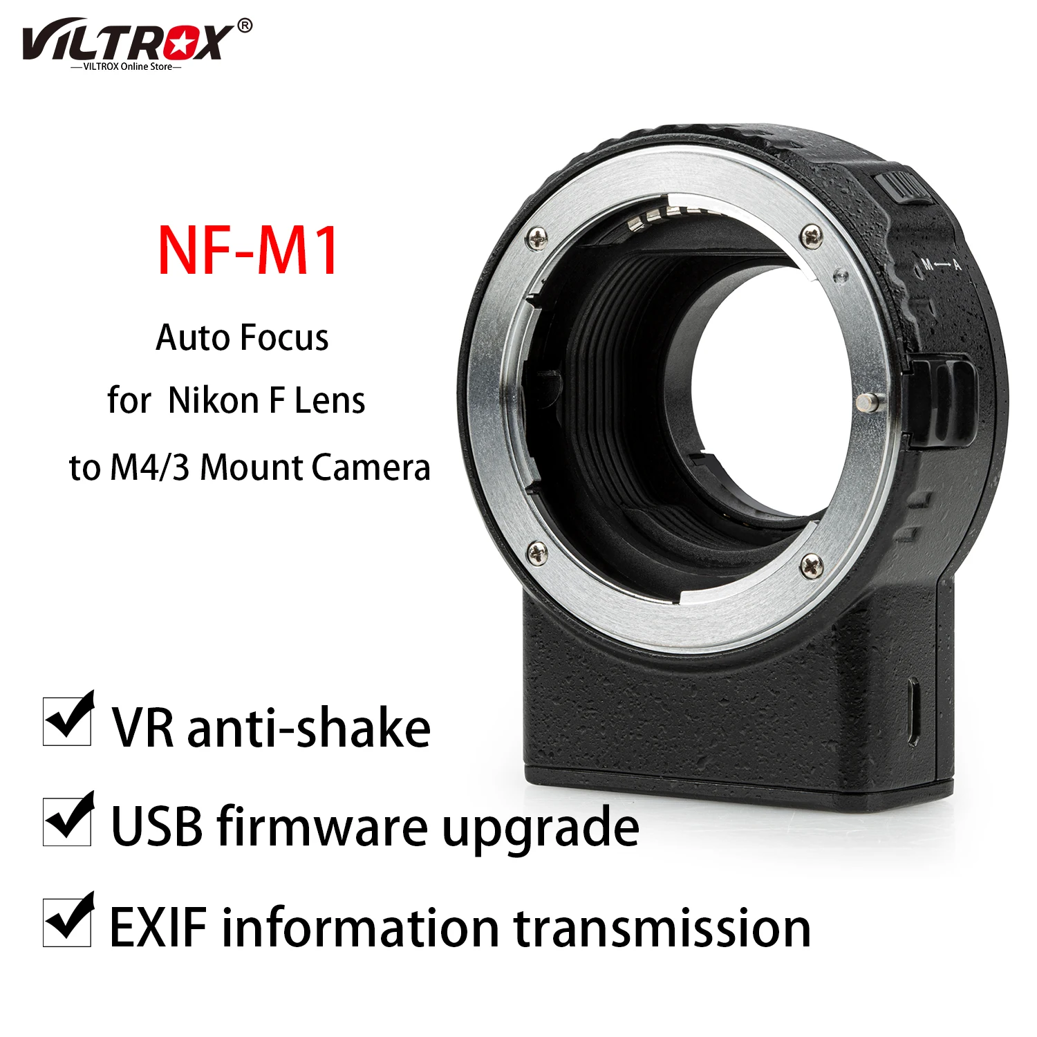 

Viltrox NF-M1 AF Lens Mount Adapter Support VR EXIF Transmitting for Nikon F Mount Lens to Micro Four Thirds(MFT, M4/3) Camera