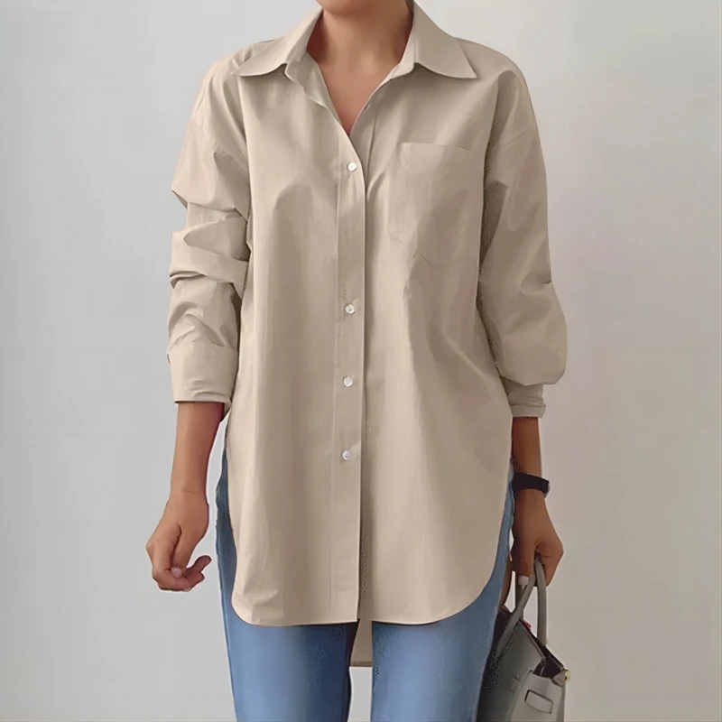 

2024 Spring and Autumn Elegant Lapel Long Sleeve Pocket Shirt Fashion Women's Solid Color Split hem Shirt