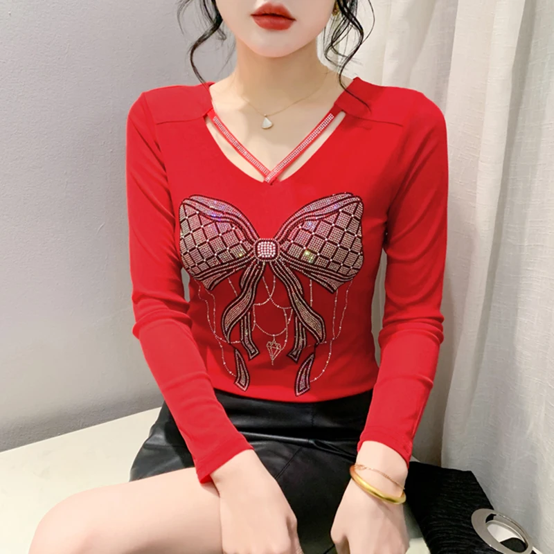 New 2024 Spring Autumn V-Neck Hot Drilling Women's T-Shirts Elegant Slim Long Sleeved Mesh Tops Blusas