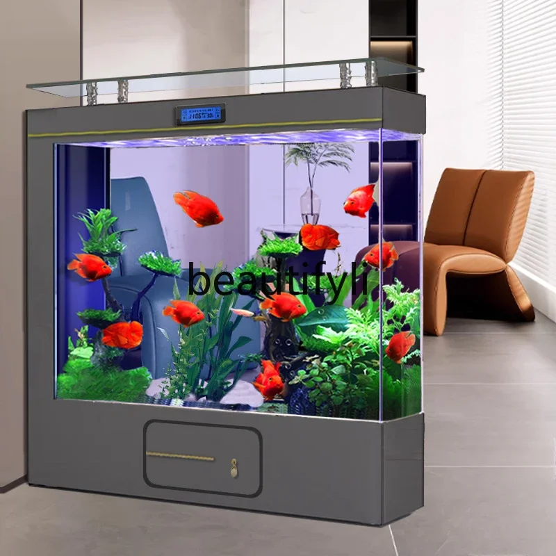 AFish tank living room screen floor-to-ceiling water-free ultra-white glass light luxury entrance partition aquarium H