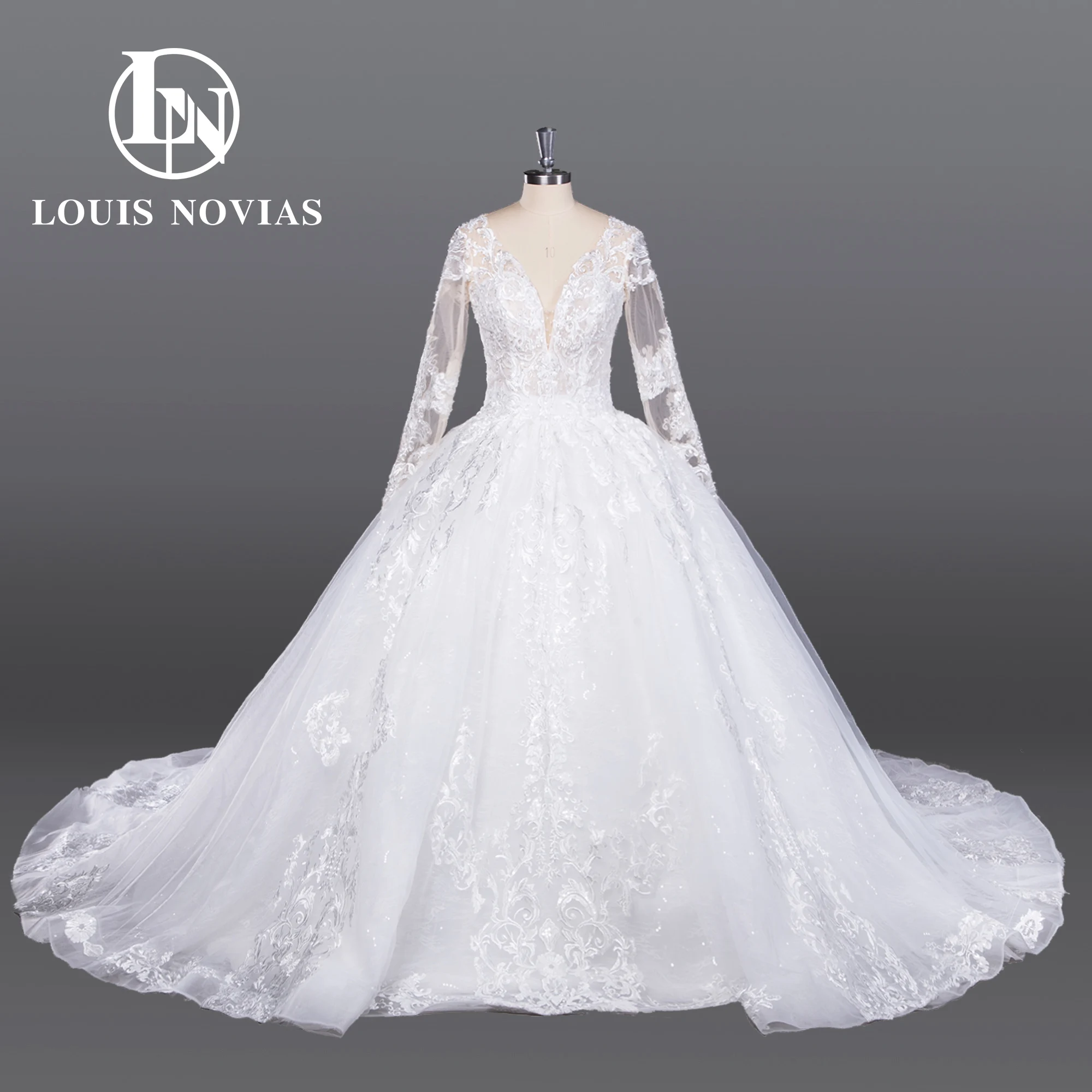 

LOUIS NOVIAS Long Sleeve Wedding Dress For Women Sexy Luxury Lace A-Line Elegant V-Neck Lace Up Wedding Gown Vestidos De Novia
