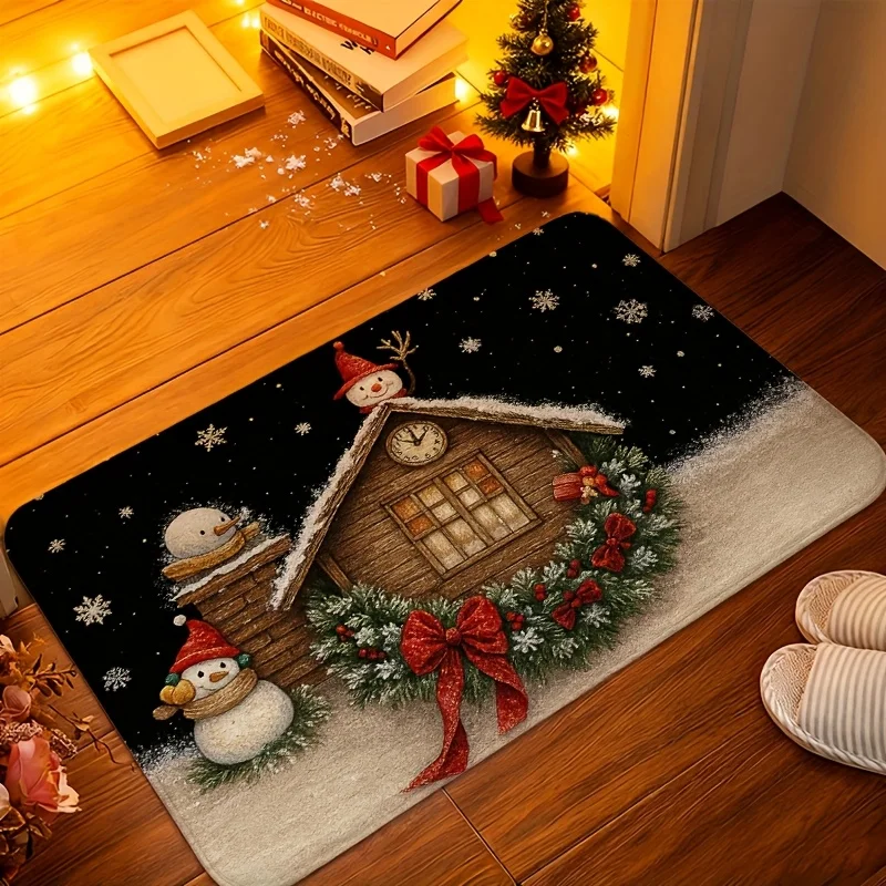 Snow Cabin Snowman Festive Graphics,living room,porch,entryway,balcony Decoration,Non Slip Winter Xmas Ornament carpet