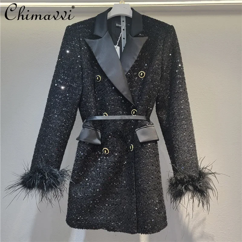 Fashion White Slim Jacket Women's Autumn and Winter New Removable Ostrich Fur Long-sleeved Elegant Mid-length Blazers Coat