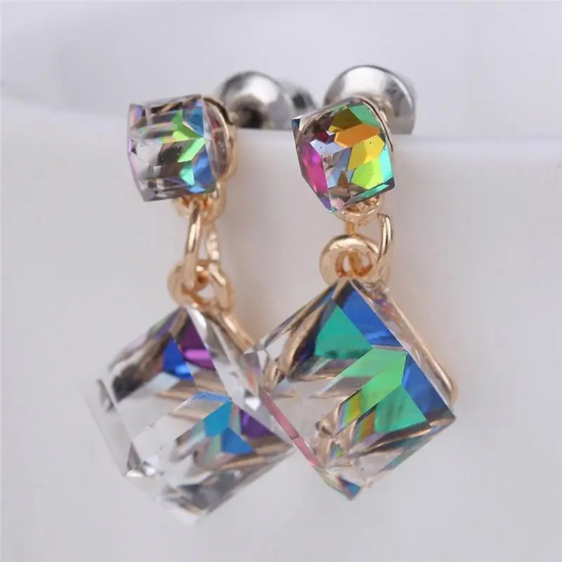 Geometric Square Crystal Drop Earrings Aurora Rainbow Effect Concise Women Stud Earrings Fashion Jewelry Party Present Supplies