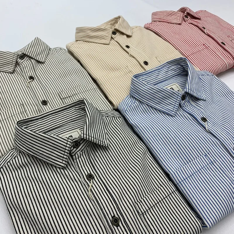 

Striped Polo Neck Long Sleeve Shirt Women Man Straight Single Breasted Shirt Autumn Japanese Chic Unisex Girls Boys Casual Top