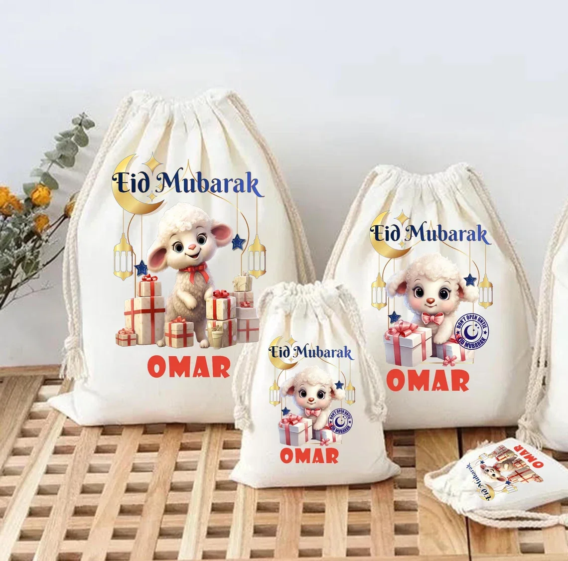 Personalised Eid Gift Bags for Kids Open on Eid Custom Name Cotton Favor Bags with Ramadan Decor Eid Mubarak Al-Adha Girls Boys