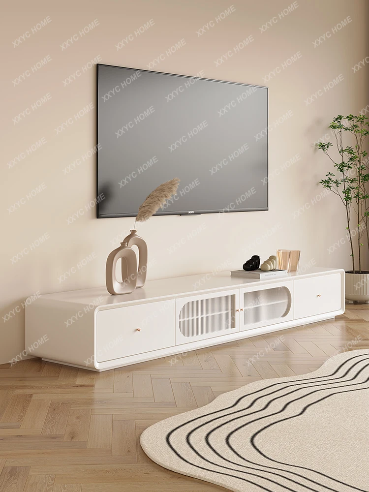 Solid Wood Floor TV Cabinet and Tea Table Combination Simple French Small Apartment Living Room Complete TV Stand