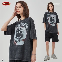 ZODF New Summer Men Washed Cotton T Shirts Unisex High Street Pigeon Printing Distressed Tees Brand Tops HY0472