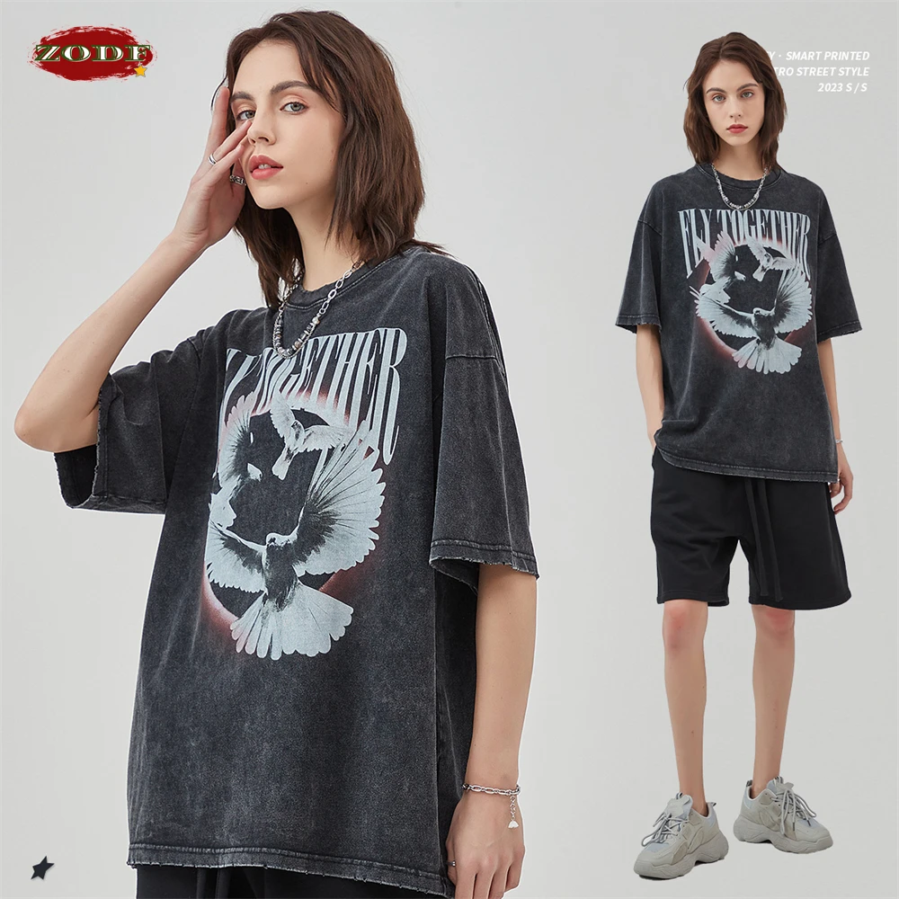 ZODF New 2023 Summer Men Washed Cotton T Shirts Unisex High Street Pigeon Printing Distressed Tees Brand Tops HY0472