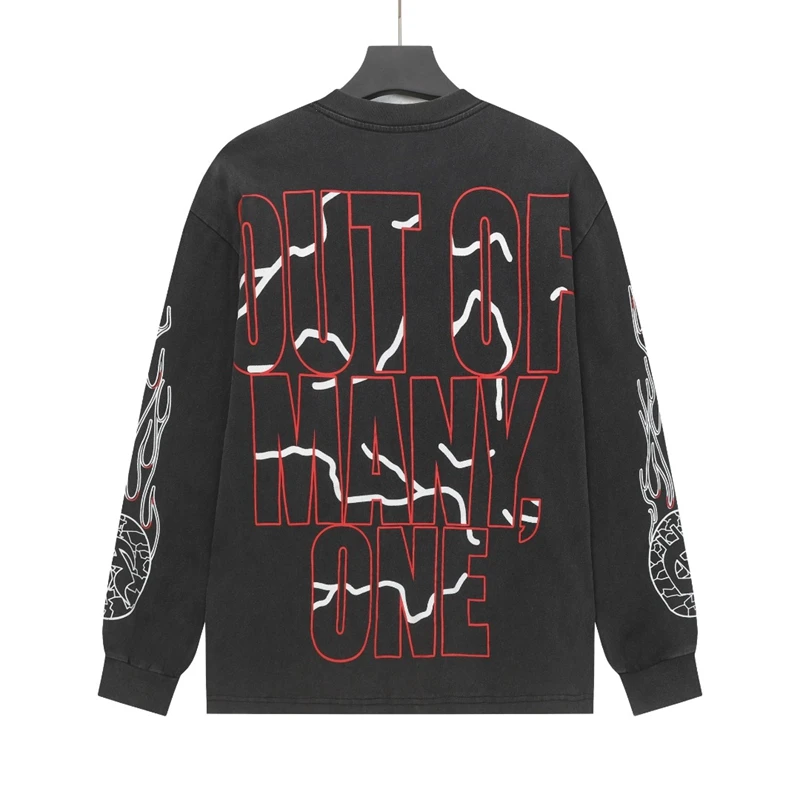 

Retro Waed American Godspeed Skeleton Letter Print Men's Long Sve T-irt Autumn Winter Trendy Loose Fit round Ne Cotton