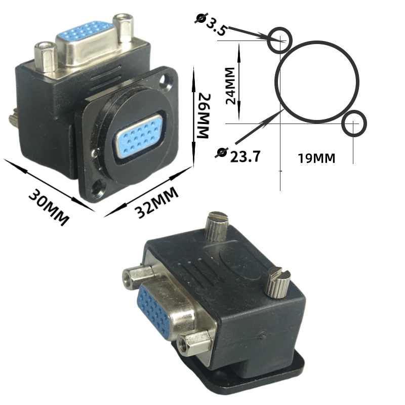 Assento feminino com conector adaptador de painel fixo, cotovelo feminino D-tipo VGA, 90 graus Butt conjunta com parafuso, preto e prata