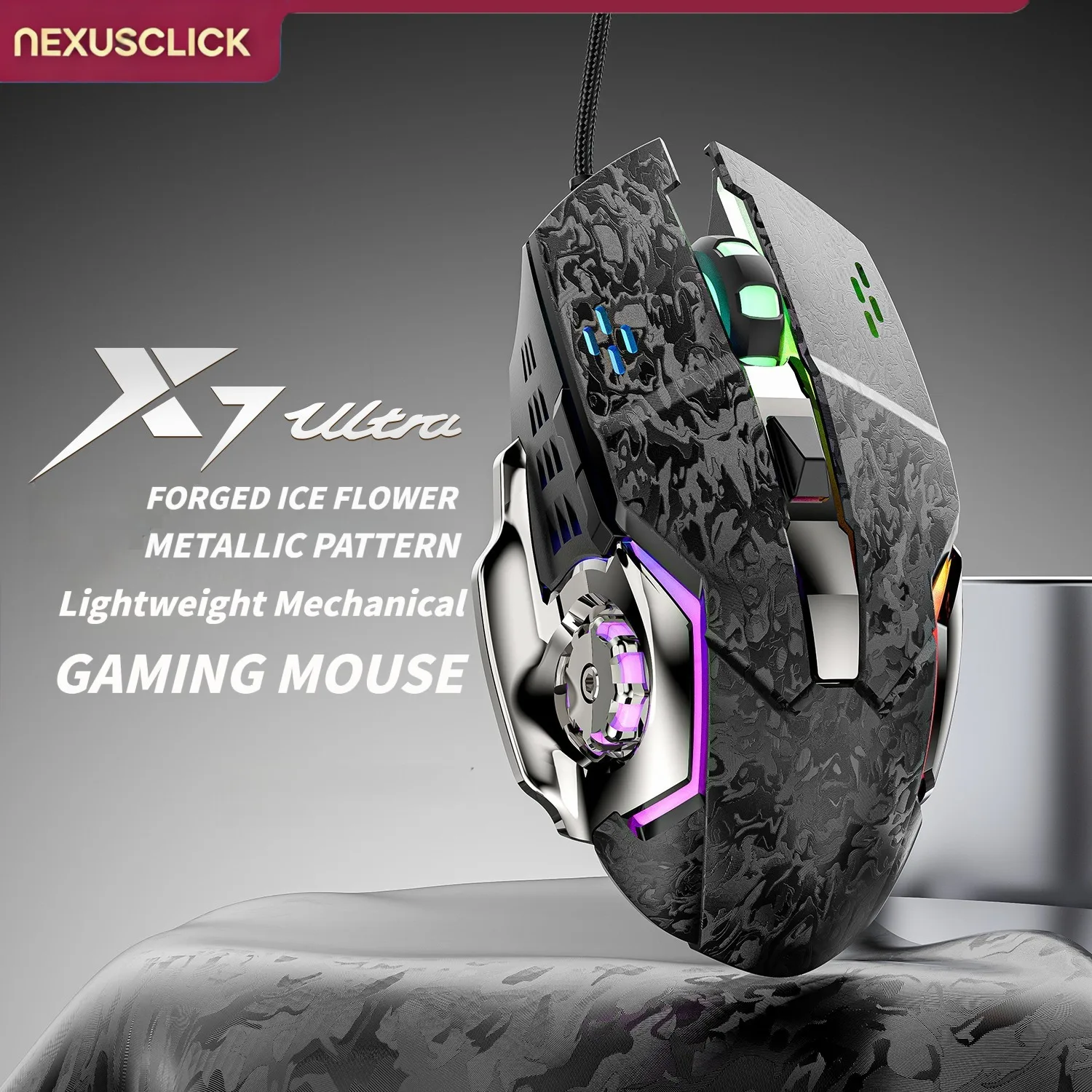 NexusClick 6‑Button Wired Gaming Mouse, 7200 DPI RGB Lighting Professional E‑sports Mice, Compatible with PC Windows Mac O