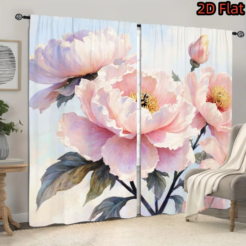 2D Flache, 2-teilige Vorhänge mit rosa Pfingstrosenblüten, Aquarell-Botanik-Druck, transparenter Vorhang für Wohnzimmer, Schlafzimmer, Fensterdekoration, Heimdekoration