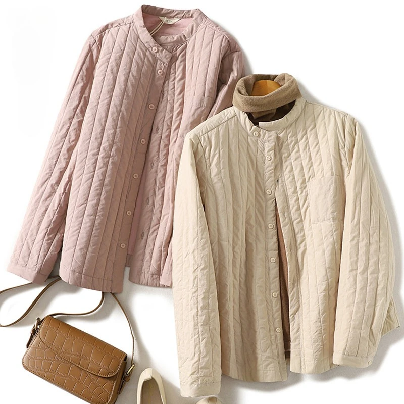 

Retro striped quilted cotton shirt jacket women's autumn and winter new round neck single breasted lightweight cotton coat