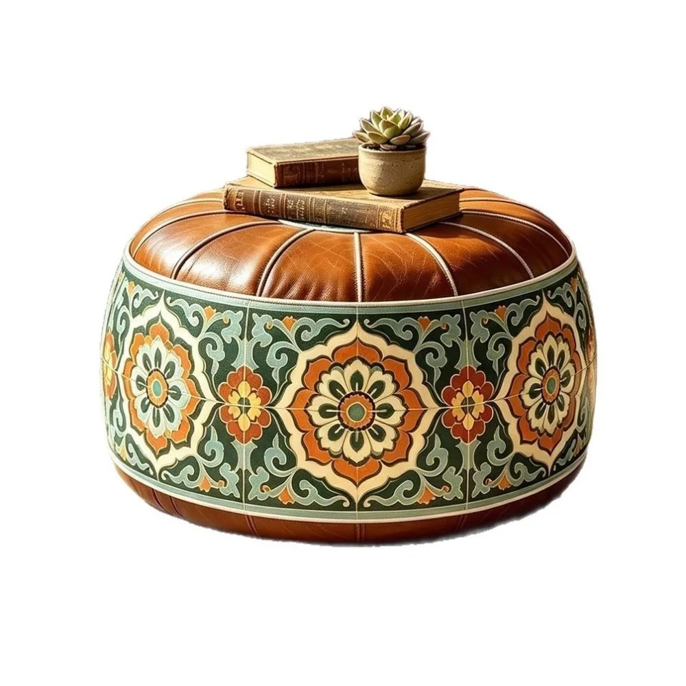 Boho Style Sofa Stool Cover PU Leather Unstuffed Round Footstool Cover Large Capacity Foldable Clothes Storage Bag Leisure