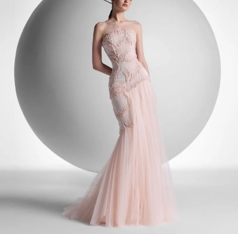 Vestido de noche personalizado, rosa suave, sin tirantes, corte sirena, con cuentas, encaje y falda de tul. | Tallas grandes personalizadas disponibles