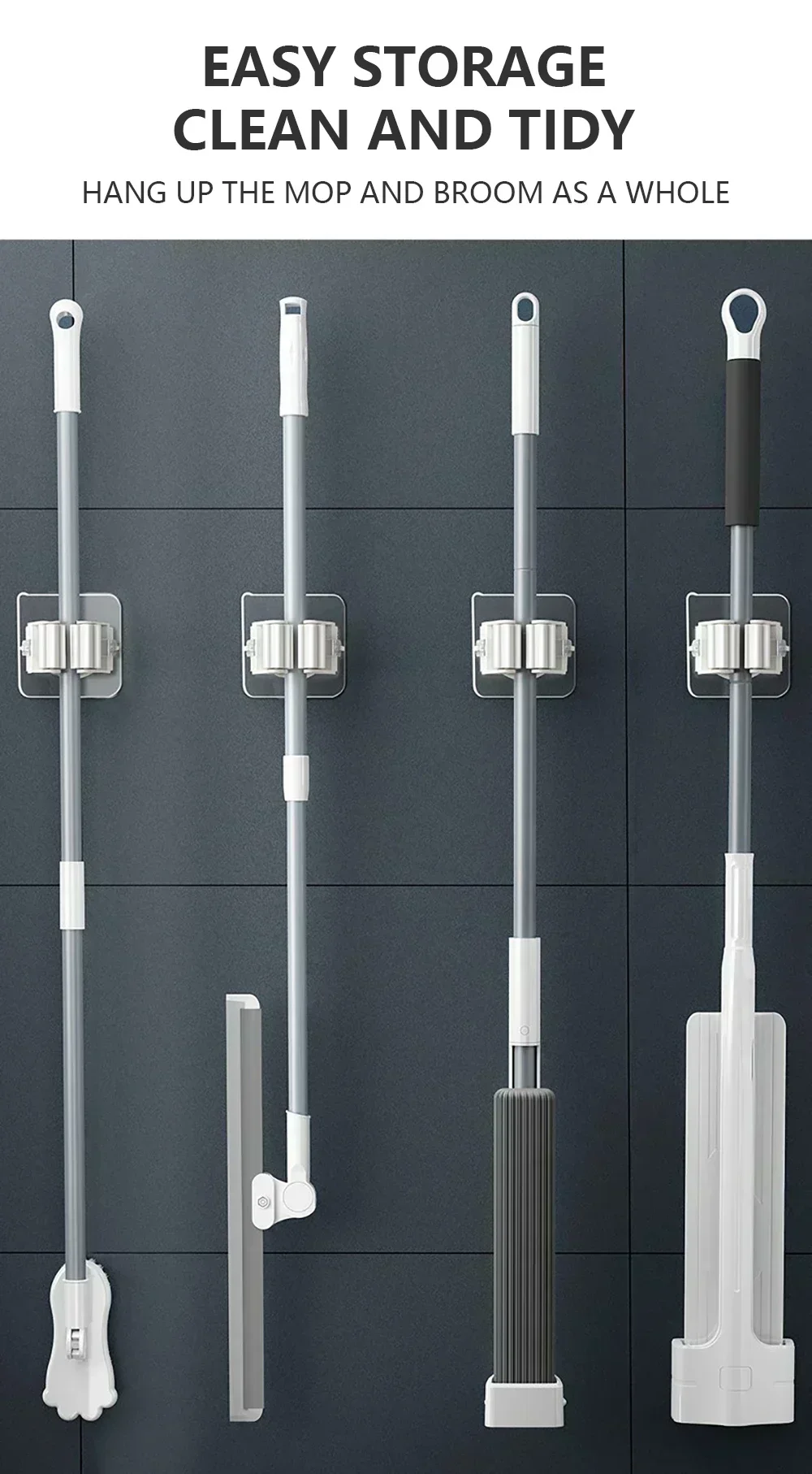 Mopp Lagerung Lagerung Rack Bad Saug Hängen Rohr Spurlose Mopp Clip Besen Aufhänger Wand-Montiert Wasserdichte Mopp Rack – Detail 1