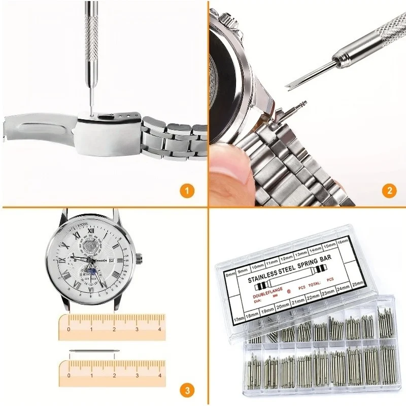 270 unids/set barras de resorte de acero inoxidable diámetro 1,5mm longitud 8mm - 25mm/correa de reloj herramientas de reparación de relojes Pin