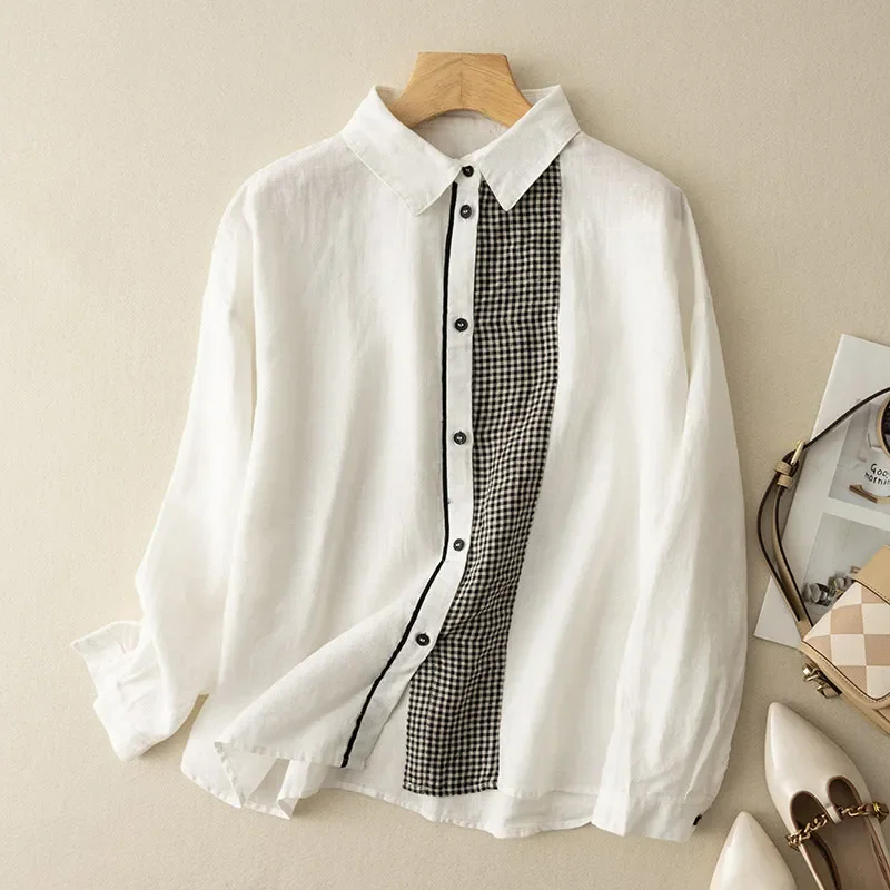 Women Lapel Patchwork Plaid Linen Shirt Long Sleeve Loose Button Down Casual Blouse Tops