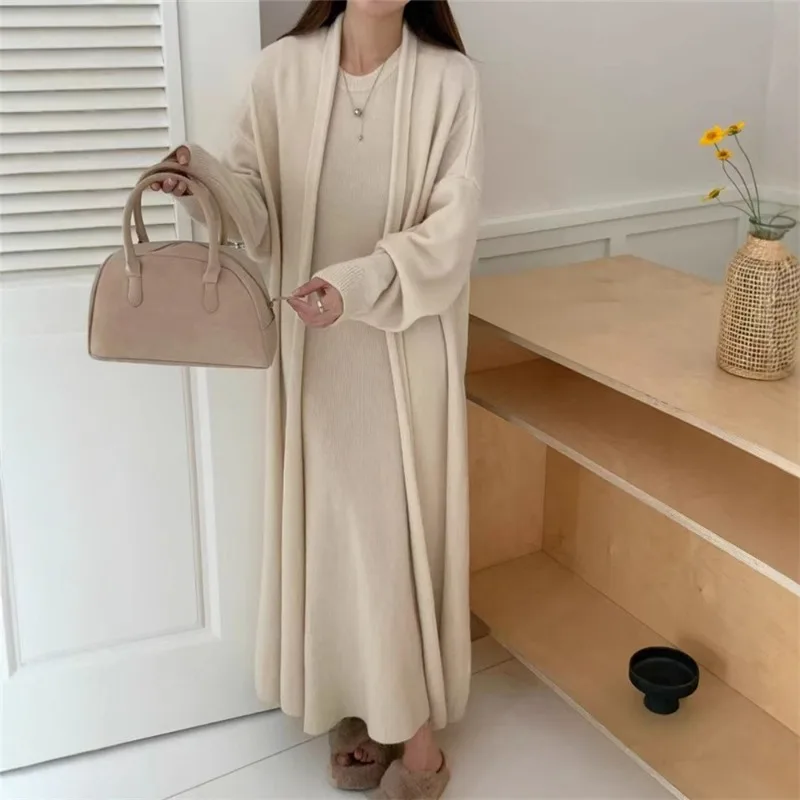 

Korean Knitted Set Women's Autumn/Winter Suit New O-neck Solid Sleeveless Dresses+Full Sleeve Long Cardigan 2-piece Set Woman