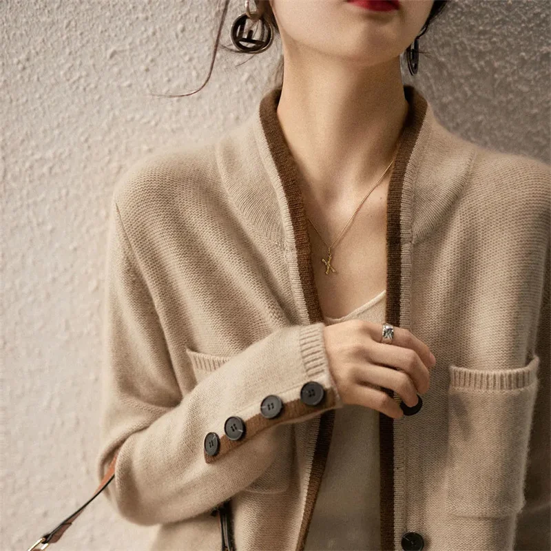 Brown Sweater Coat Women Loose Spring Autumn Knitting Jacket Outwear 2024 New Knitwear Cardigan Female Pocket Sweaters Top