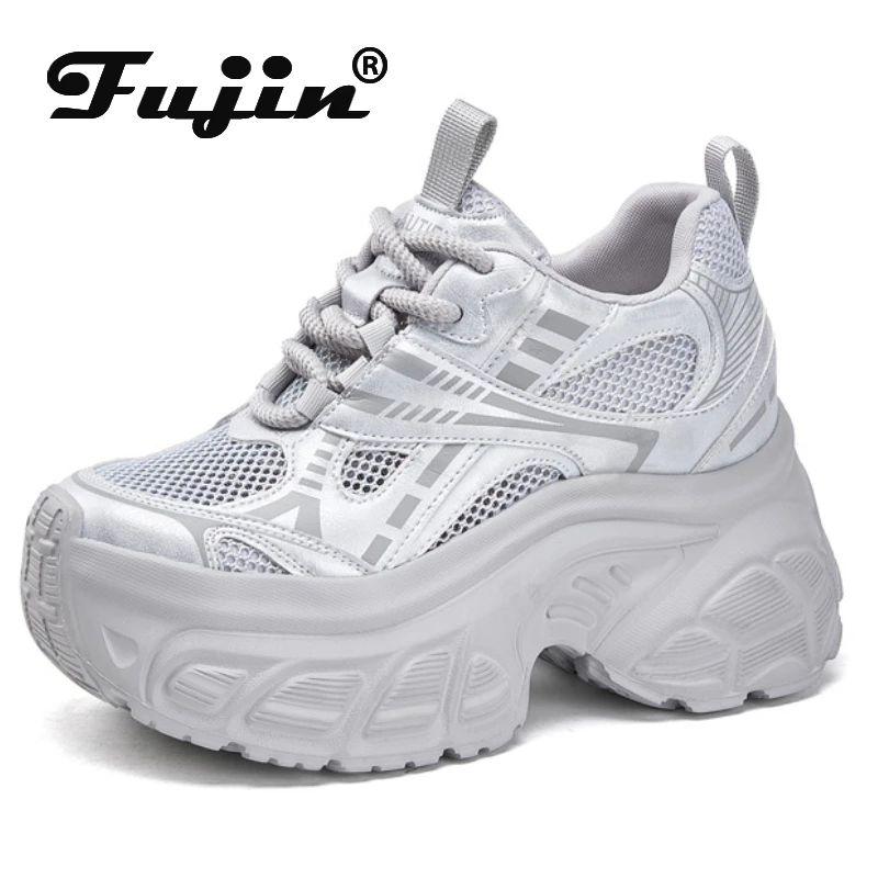 

Fujin 10cm Air Mesh Synthetic Genuine Leather Chunky Sneakers Summer Platform Wedge Women Vulcanize Hollow Summer Flats Shoes