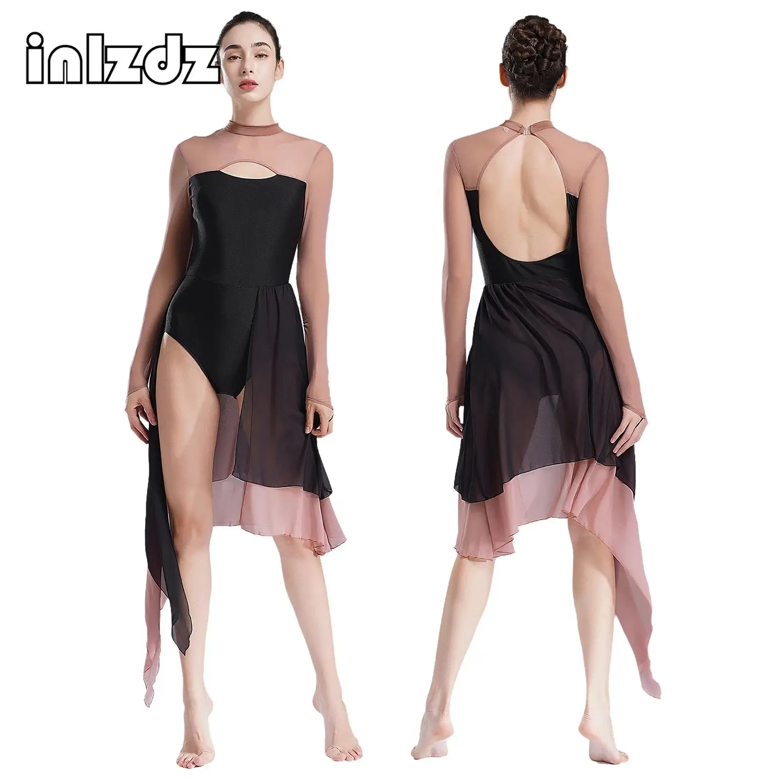 

Womens Figure Skating Dress Color Block Mesh Long Sleeve Modern Lyrical Dance Leotard Dress Ballet Gymnatics Performance Costume