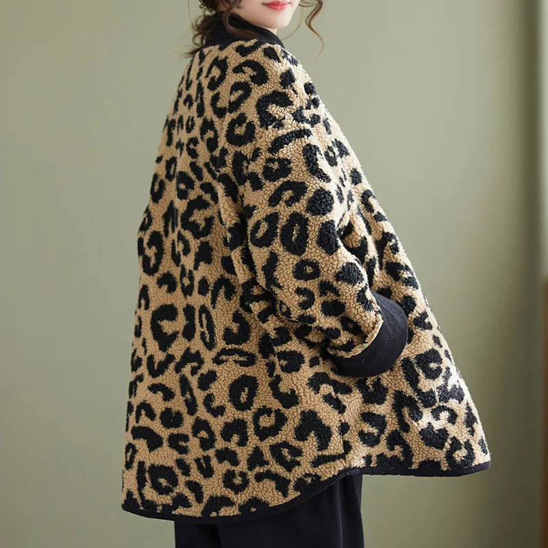 Leopard Print Loose Jacket, Plus Size Women\'s Polar Fleece Coat