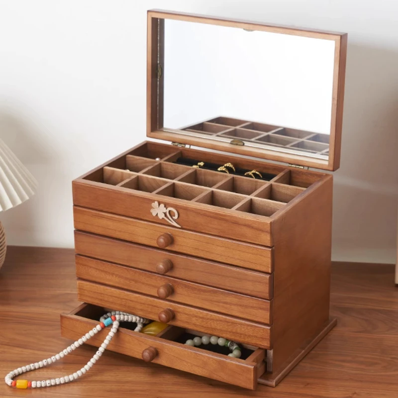 متعدد الطبقات صندوق تخزين المجوهرات الرجعية حلية صندوق تخزين قلادة خشبية أقراط المنظم الحاويات المرأة حلقة سوار #5