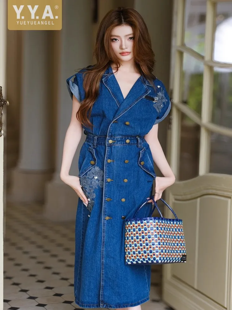 

Fashion Office Lady French Style Waist Cinching Backless Denim Dresses Double Breasted Elegant Bat-Wing Sleeve Mid Calf Dress