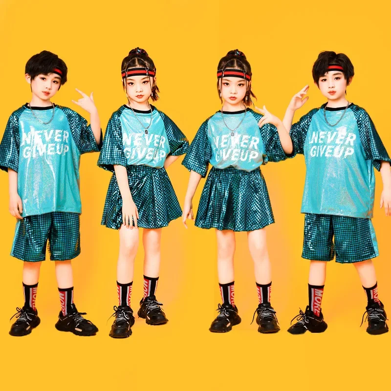 

Спортивная футболка с короткими рукавами и блестками для мальчиков и девочек, шорты, комплекты с юбкой, детский костюм в стиле хип-хоп, детский спортивный костюм для выступлений на сцене