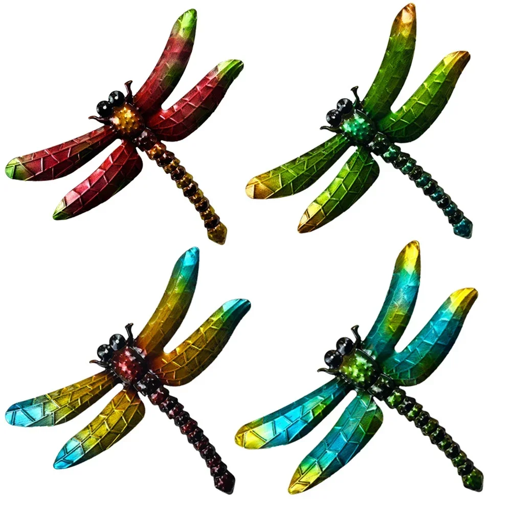Metal Dragonfly Wall Decor 3D Colorful Garden Art Dragonflies Hanging Decoration Wall-mounted Home Craft Gifts Garden Iron Decor