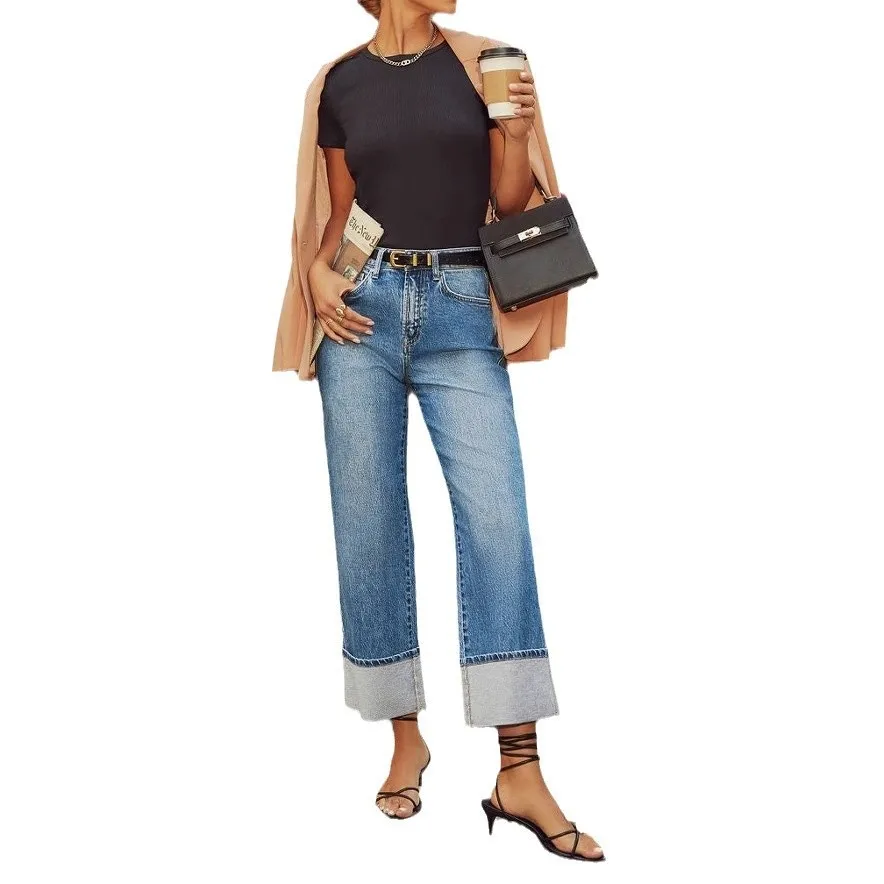 Women Jeans High Waist Straight Leg Denim Pants Medium Wash Blue Distressed Denim Jeans Wide Leg Button Fly Jeans Pants Rolled